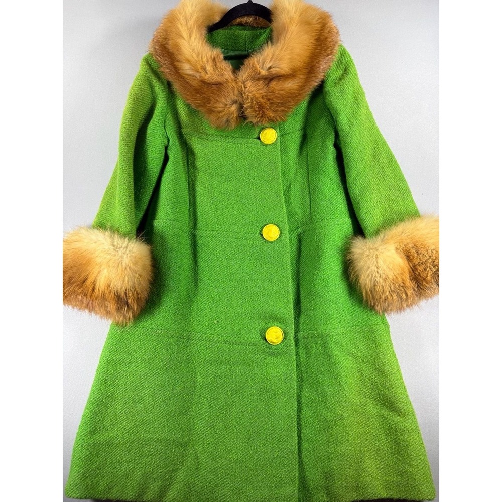 Vintage Green Wool Fur Collar Coat With Yellow Buttons
